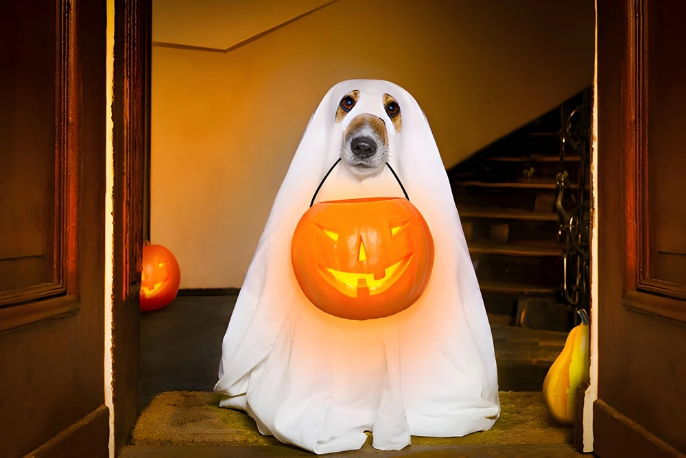 Dog covered in a sheet to look like a ghost | Swoosh Finance